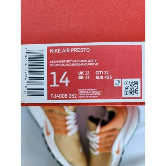 SIZE 14 MEN'S NIKE PRESTO RUNNING SNEAKERS FJ4006-252 SESAME BRIGHT MANDARIN - Picture 8 of 8